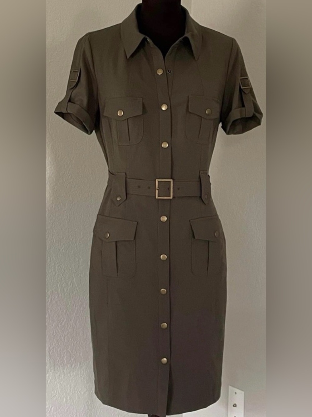 Calvin Klein Olive Green Utility Shirt Dress with Belt - Picture 1 of 4